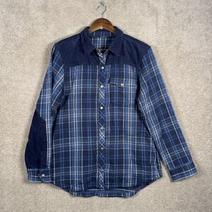 Eddie Bauer Shacket‎ Womens Large Blue Plaid Corduroy Yoke Snap Front Flannel